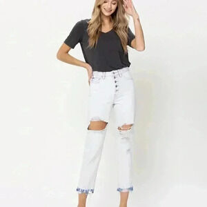 Nectar Stone Dust - Distressed Button Up Mom Jeans with Let Out Hem